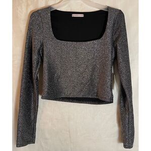 Sincerely Jules Metallic Silver Sparkle Crop Top Long‎ Sleeve Square Neck